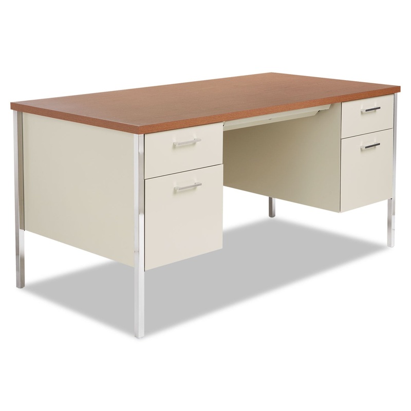 DOUBLE PEDESTAL STEEL DESK, METAL DESK, 60W X 30D X 29.5H, CHERRY/PUTTY