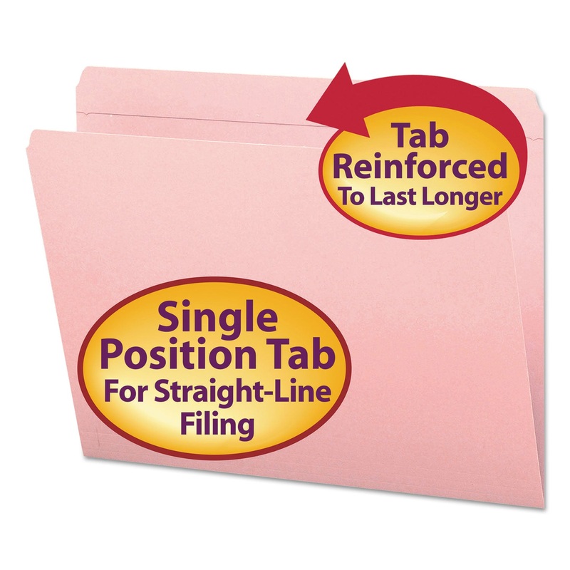 REINFORCED TOP TAB COLORED FILE FOLDERS, STRAIGHT TAB, LETTER SIZE, PINK, 100/BOX