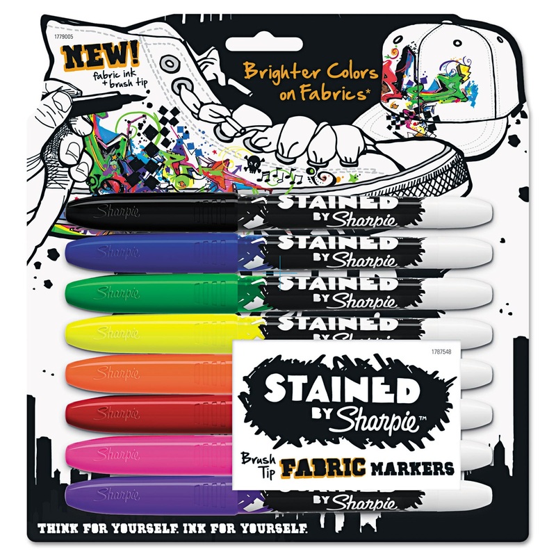 STAINED FABRIC MARKERS, MEDIUM BRUSH TIP, ASSORTED COLORS, 8/PACK