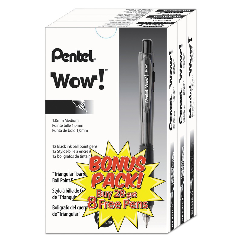 WOW! RETRACTABLE BALLPOINT PEN VALUE PACK, MEDIUM 1MM, BLACK INK/BARREL, 36/PACK