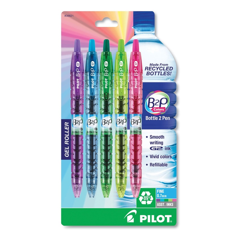 B2P BOTTLE-2-PEN RECYCLED RETRACTABLE GEL PEN, 0.7MM, ASSORTED INK/BARREL, 5/PACK