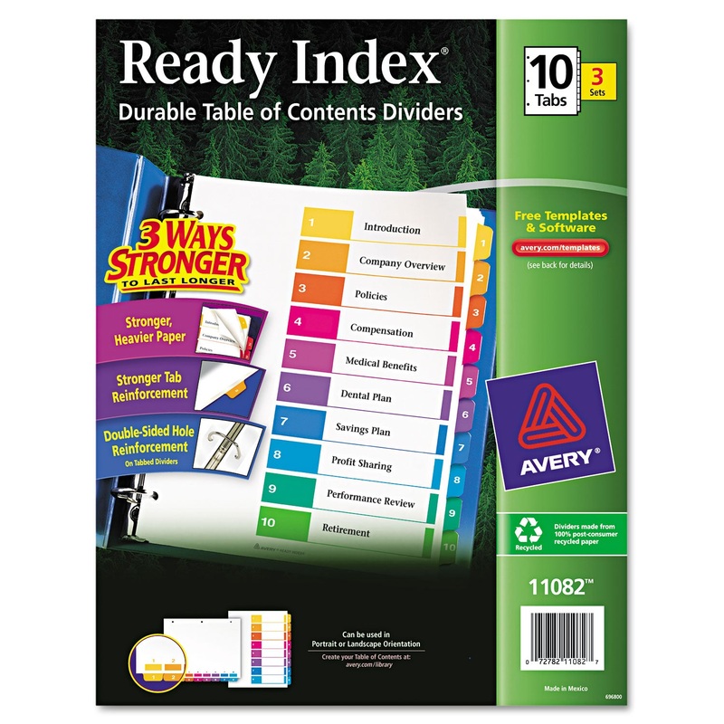 CUSTOMIZABLE TABLE OF CONTENTS READY INDEX DIVIDERS WITH MULTICOLOR TABS, 10-TAB, 1 TO 10, 11 X 8.5, WHITE, 3 SETS