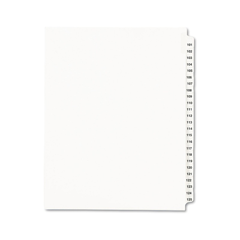 PREPRINTED LEGAL EXHIBIT SIDE TAB INDEX DIVIDERS, AVERY STYLE, 25-TAB, 101 TO 125, 11 X 8.5, WHITE, 1 SET