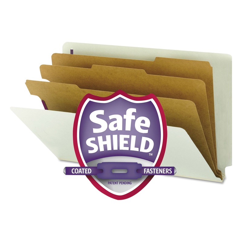 END TAB PRESSBOARD CLASSIFICATION FOLDERS WITH SAFESHIELD COATED FASTENERS, 3 DIVIDERS, LEGAL SIZE, GRAY-GREEN, 10/BOX