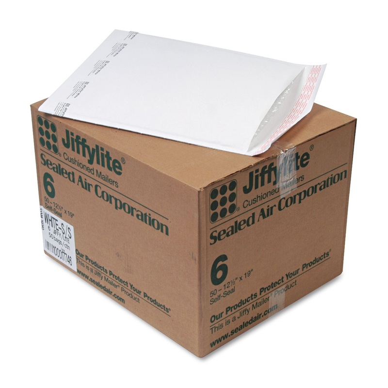 JIFFYLITE SELF-SEAL BUBBLE MAILER, #6, BARRIER BUBBLE LINING, SELF-ADHESIVE CLOSURE, 12.5 X 19, WHITE, 50/CARTON