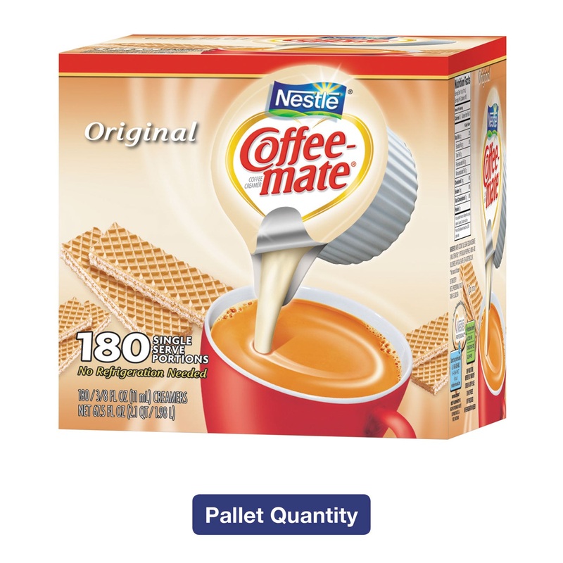 LIQUID COFFEE CREAMER, ORIGINAL, 0.38 OZ MINI CUPS, 180/BOX, 4 BOXES/CARTON, 150 CARTONS/PALLET, 108,000 TOTAL/PALLET