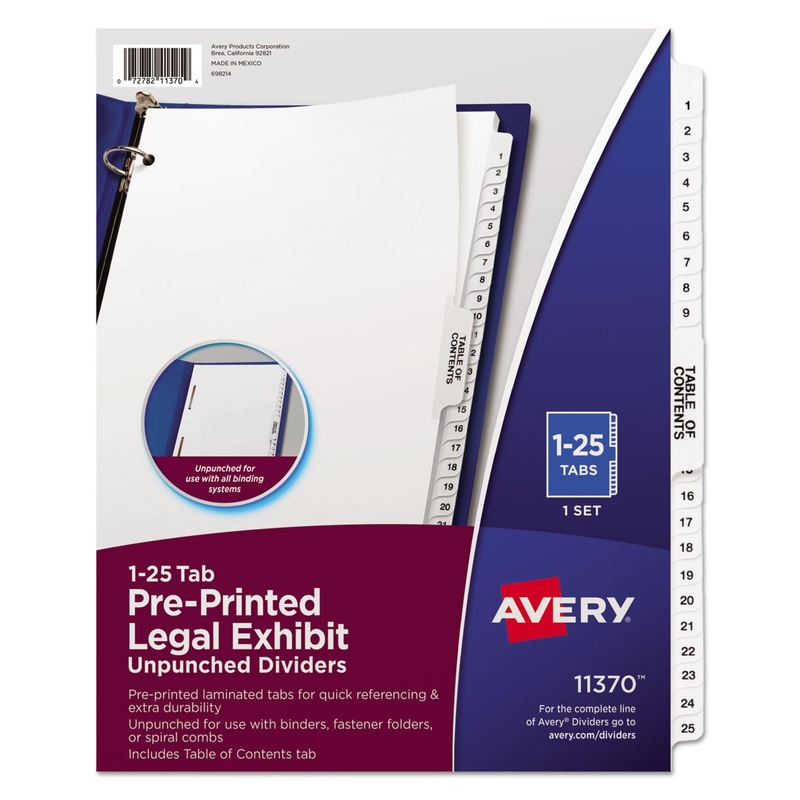 PREPRINTED LEGAL EXHIBIT SIDE TAB INDEX DIVIDERS, AVERY STYLE, 25-TAB, 1 TO 25, 11 X 8.5, WHITE, 1 SET