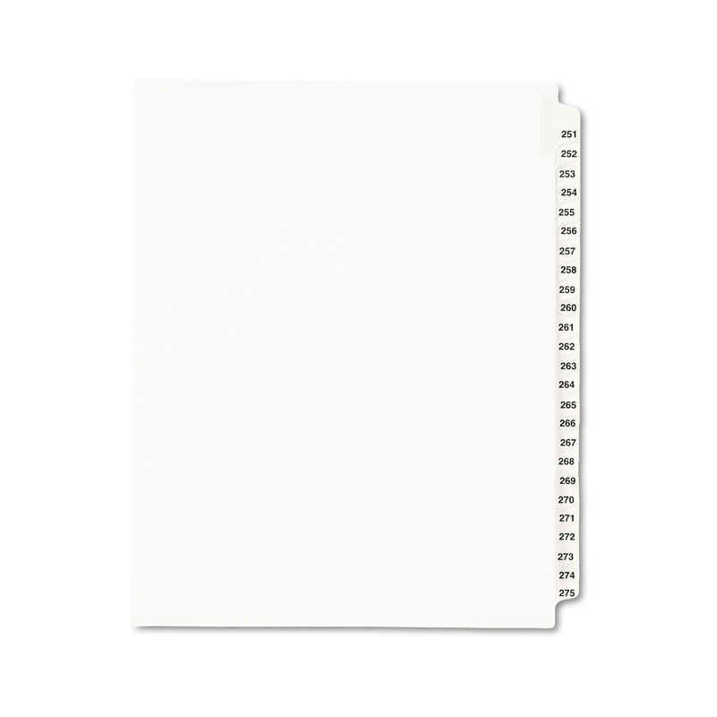 PREPRINTED LEGAL EXHIBIT SIDE TAB INDEX DIVIDERS, AVERY STYLE, 25-TAB, 251 TO 275, 11 X 8.5, WHITE, 1 SET