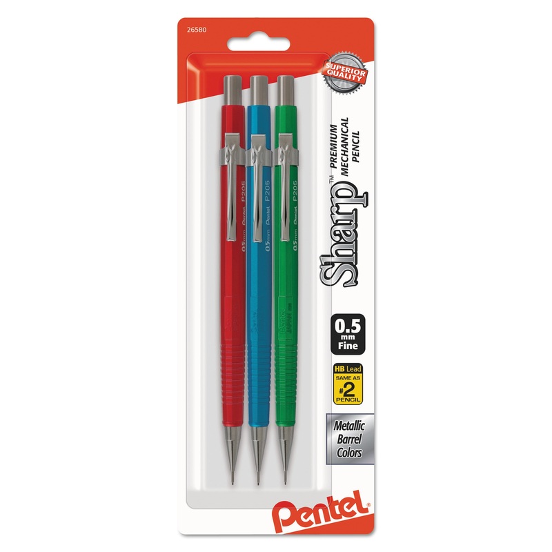 SHARP MECHANICAL PENCIL, 0.5 MM, HB (#2.5), BLACK LEAD, ASSORTED BARREL COLORS, 3/PACK