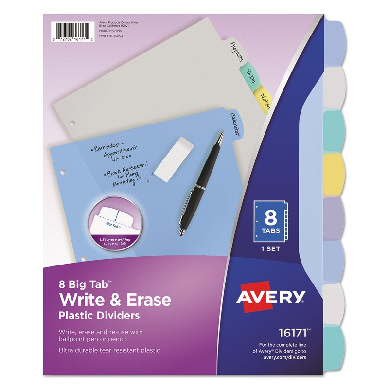 WRITE AND ERASE BIG TAB DURABLE PLASTIC DIVIDERS, 3-HOLD PUNCHED, 8-TAB, 11 X 8.5, ASSORTED, 1 SET