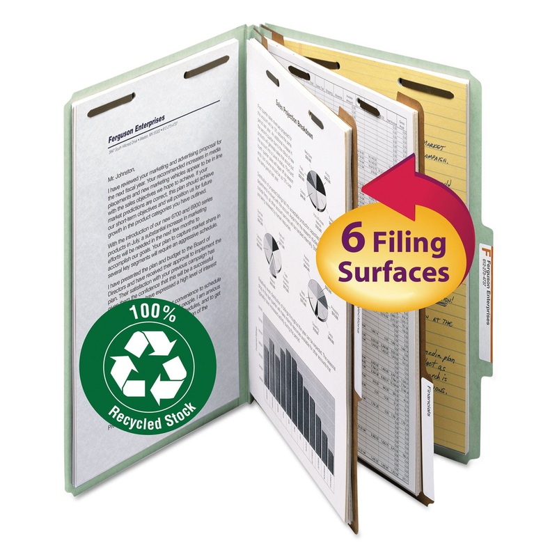 100% RECYCLED PRESSBOARD CLASSIFICATION FOLDERS, 2 DIVIDERS, LEGAL SIZE, GRAY-GREEN, 10/BOX
