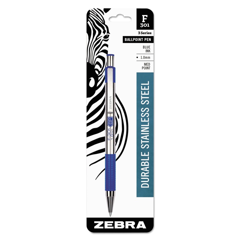 F-301 RETRACTABLE BALLPOINT PEN, 1MM, BLUE INK, STAINLESS STEEL/BLUE BARREL