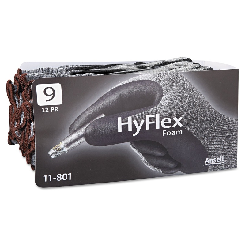 Hyflex Foam Gloves, Dark Gray/black, Size 9, 12 Pairs