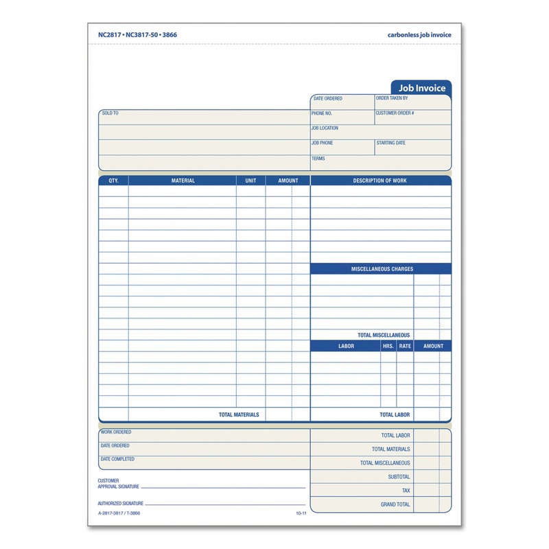 Snap-Off Job Invoice Form, 8 1/2 X 11 5/8, Three-Part Carbonless, 50 Forms