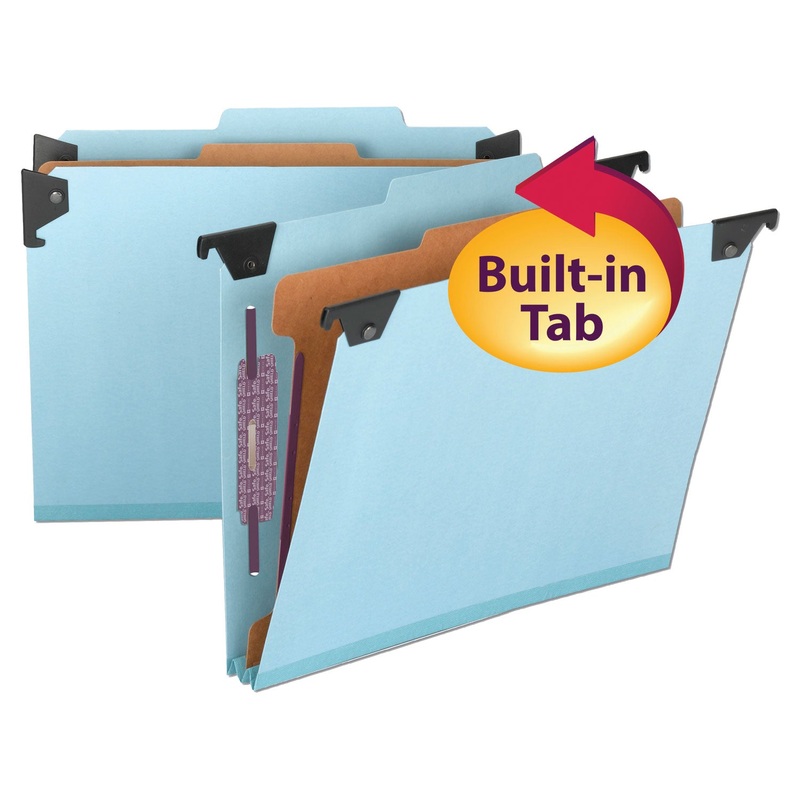 HANGING PRESSBOARD CLASSIFICATION FOLDERS WITH SAFESHIELDCOATED FASTENERS, LETTER SIZE, 1 DIVIDER, BLUE