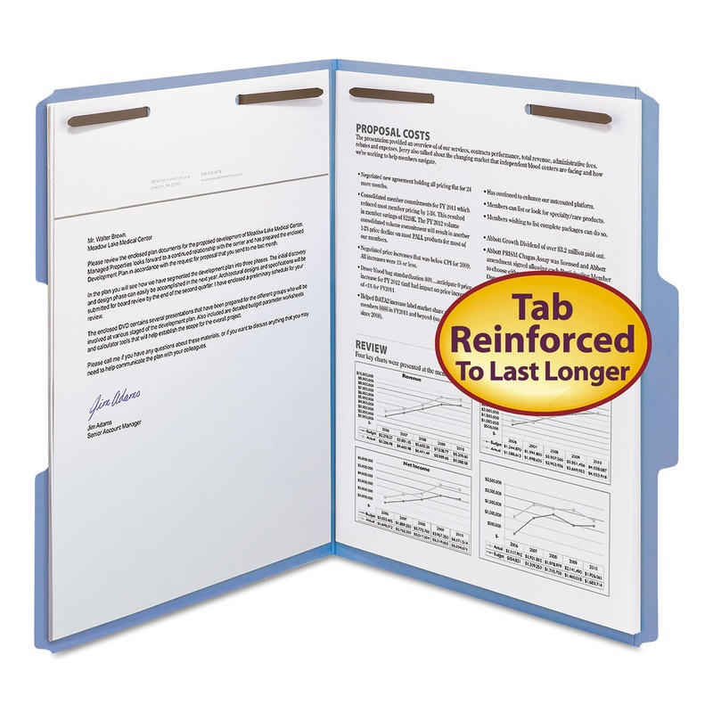 TOP TAB COLORED 2-FASTENER FOLDERS, 1/3-CUT TABS, LETTER SIZE, BLUE, 50/BOX