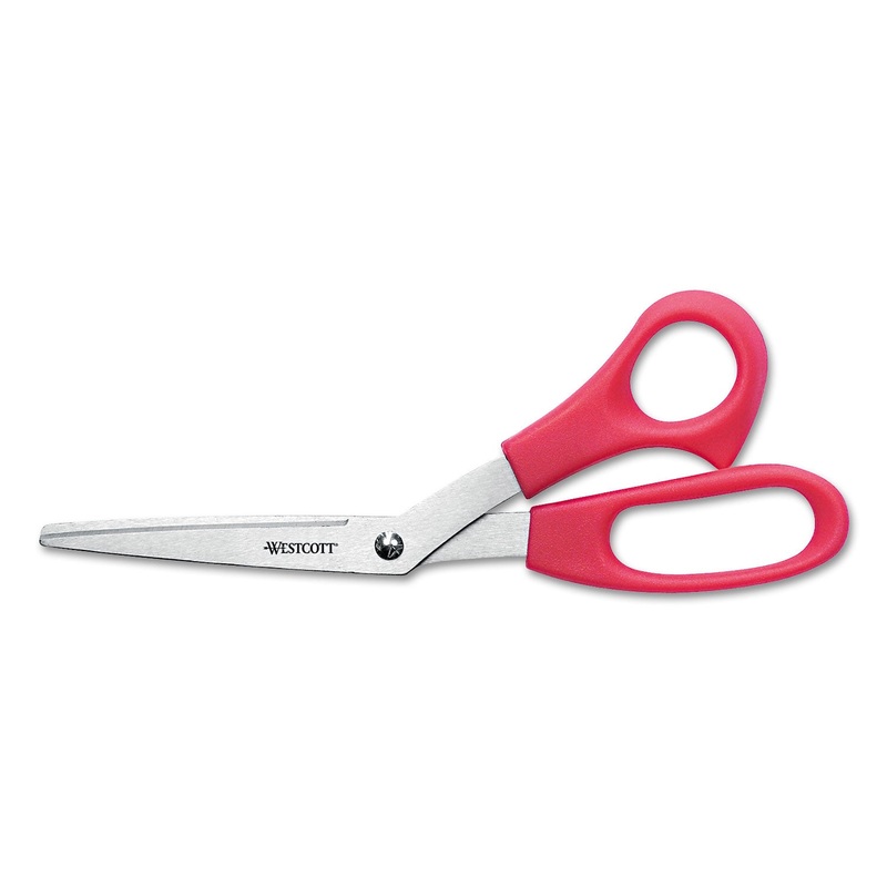 VALUE LINE STAINLESS STEEL SHEARS, 8″ LONG, 3.5″ CUT LENGTH, RED OFFSET HANDLE