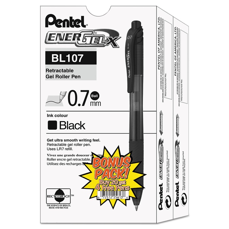 ENERGEL-X RETRACTABLE GEL PEN, 0.7MM METAL TIP, BLACK INK/BARREL, 24/PACK