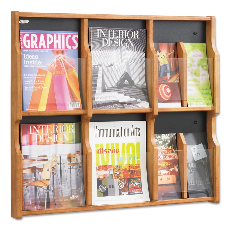 EXPOSE ADJUSTABLE MAGAZINE/PAMPHLET 6 POCKET DISPLAY, 29.75W X 2.5D X 26.25H, MEDIUM OAK