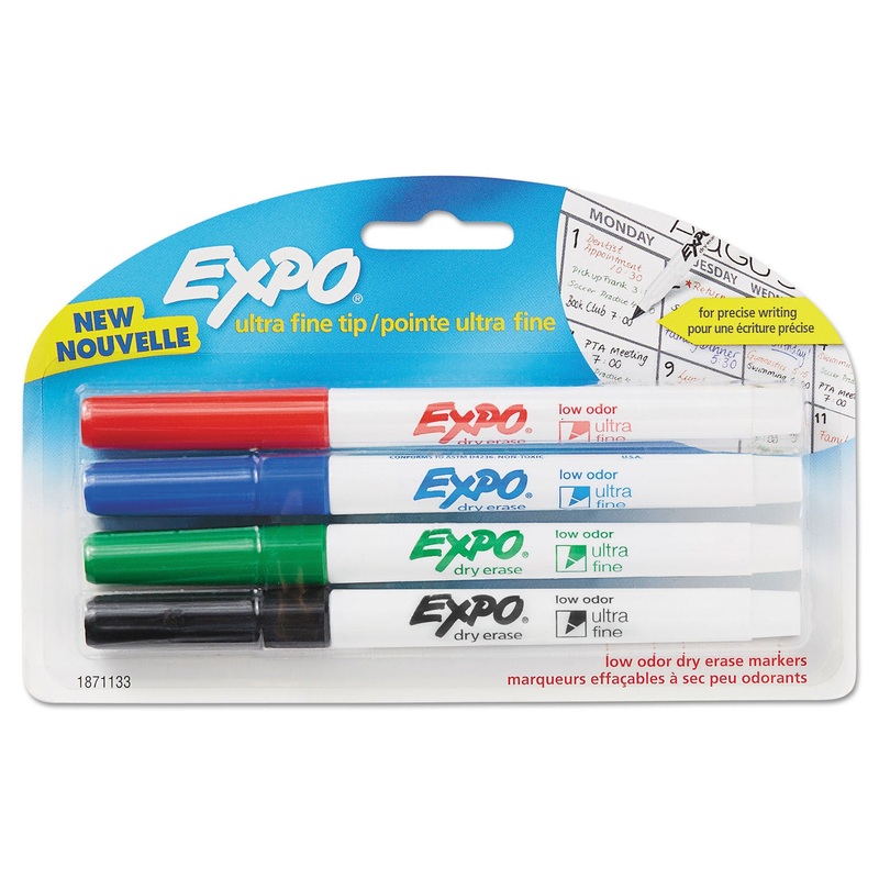 LOW-ODOR DRY-ERASE MARKER, EXTRA-FINE NEEDLE TIP, ASSORTED COLORS, 4/PACK