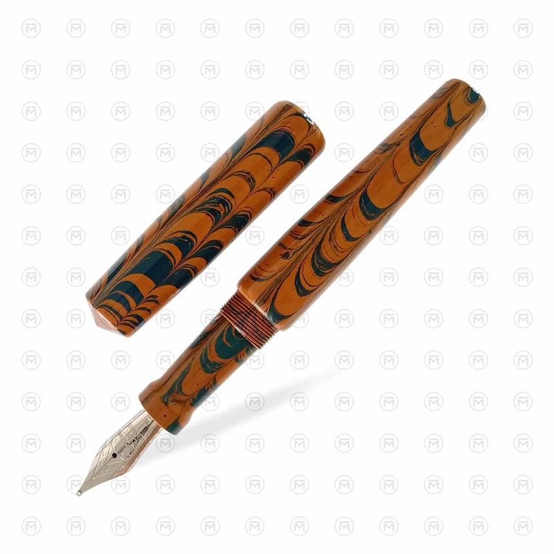 Ranga Abhimanyu Regular Ebonite Fountain Pen, Teal Blue Orange Ripple – Steel Nib
