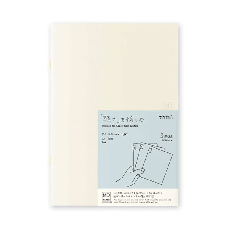 Midori MD Paper Light Ivory Pack of 3 Slim Notebook – A5, Square Ruled