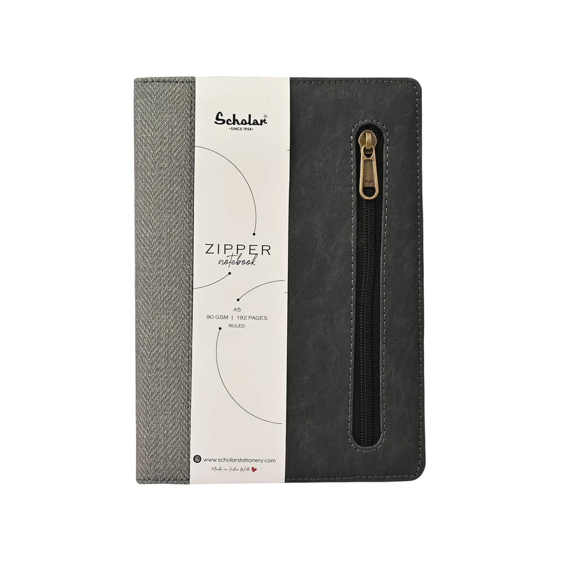 Scholar Zipper Grey Notebook – A5, Ruled