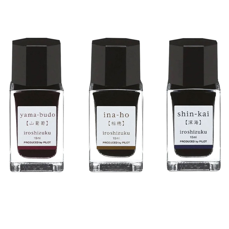 Pilot Iroshizuku 3 Colour Ink Bottle Set – Yamabudo + Shinkai + Inaho (15ml)
