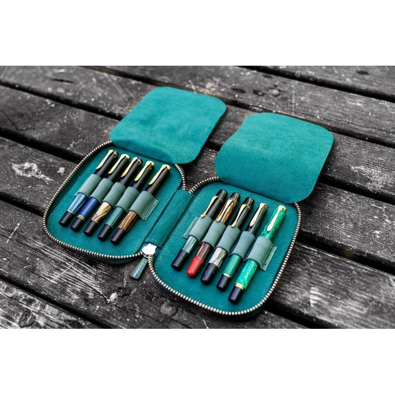 Galen Leather Pen Case Zippered 10 Slots in Crazy Forest Green