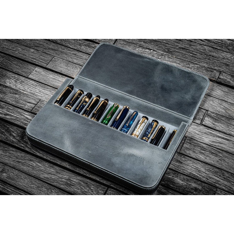 Galen Leather Magnum Opus 12 Slots Hard Pen Case in Crazy Horse Smokey Grey