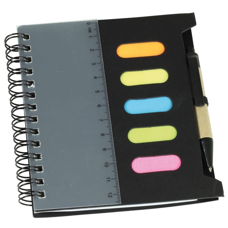 Notebook with Pen & Ruler and sticky note flags