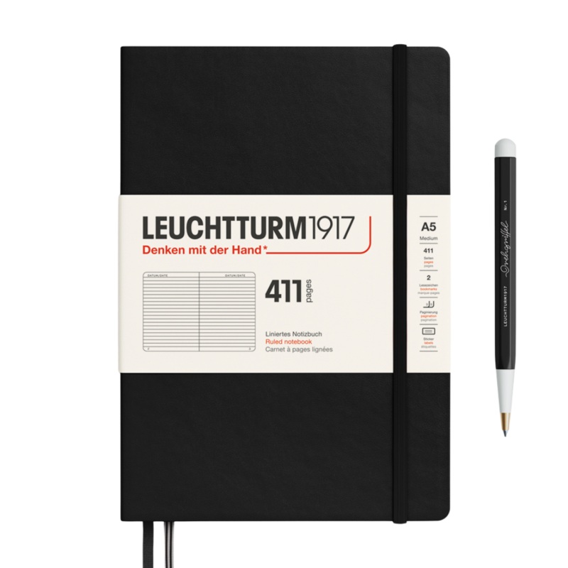 Leuchtturm1917 A5 Medium Hardcover Notebook (Thick, 411 Pages) – Ruled / Black
