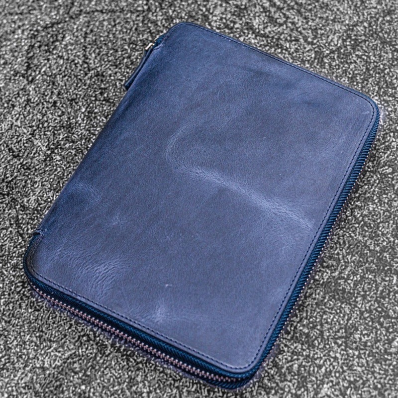Galen Leather A5 Zippered Notebook Folio – Crazy Horse Navy Blue