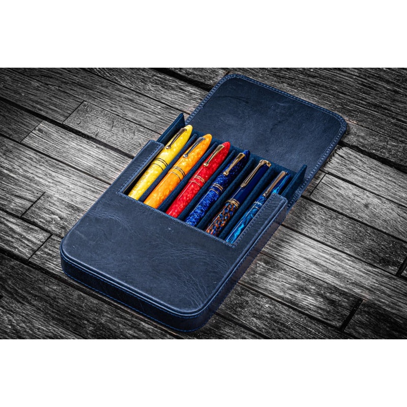 Galen Leather Magnum Opus 6 Slots Hard Pen Case in Crazy Horse Navy Blue
