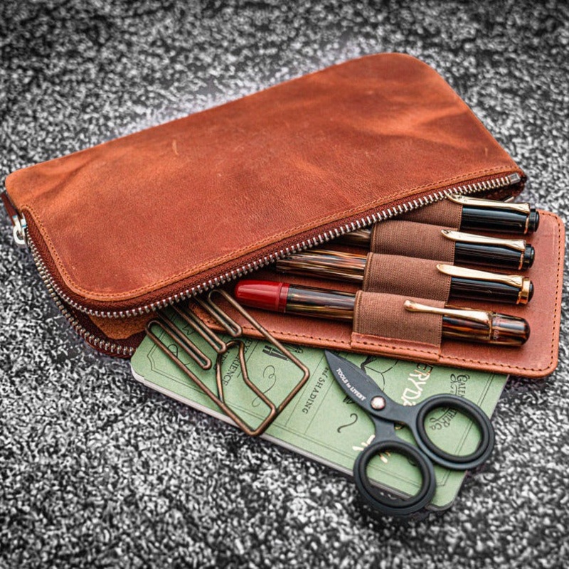 Galen Leather Slip-n-Zip 4 Slot Zippered Pen Pouch – Crazy Horse Tan
