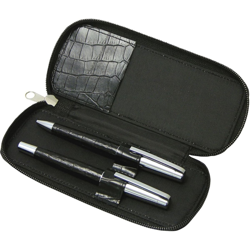 Metal pen gift set includes roller ball and ball pen with leather barrel and packed into zippered case Park lane