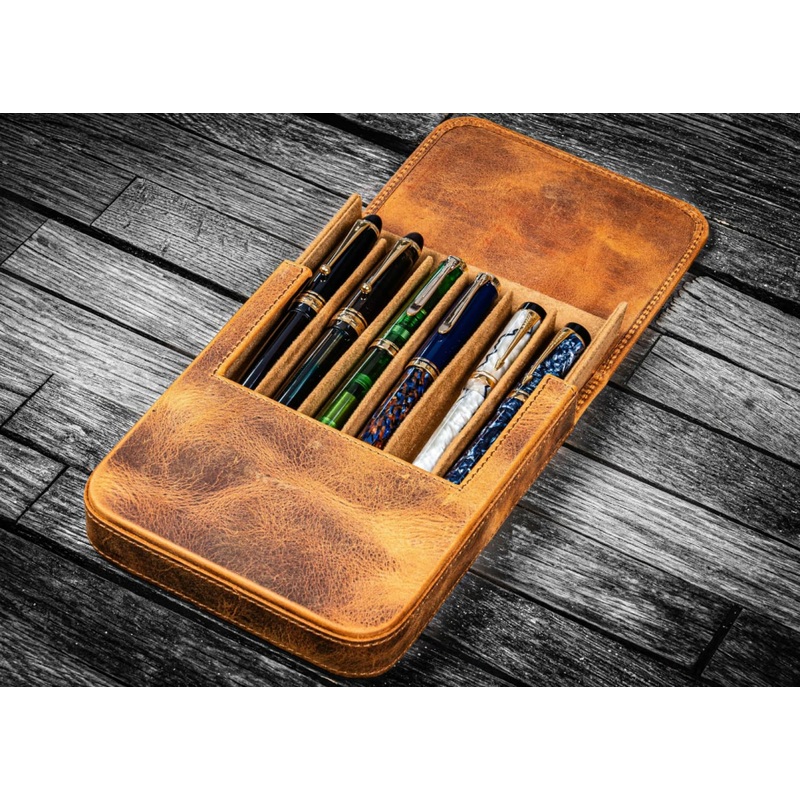 Galen Leather Magnum Opus Six Pen Hard Case with Removable Pen Tray in Crazy Horse Brown