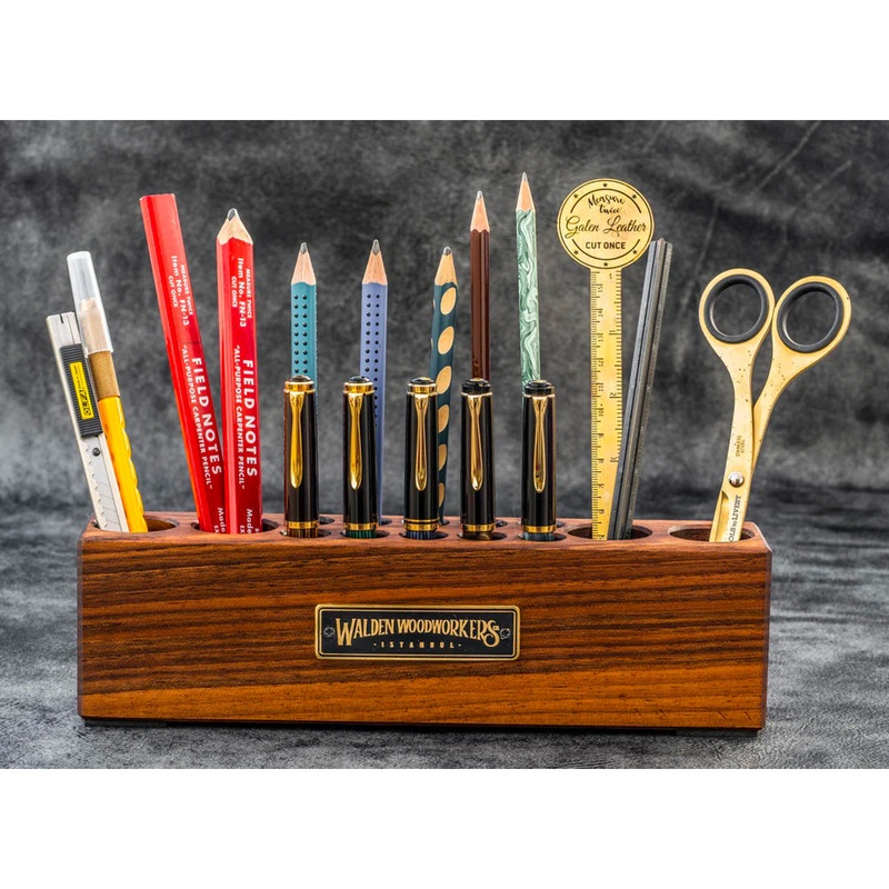 Galen Leather Wood Desk Organizer – Pen and Tool Holder – Walnut