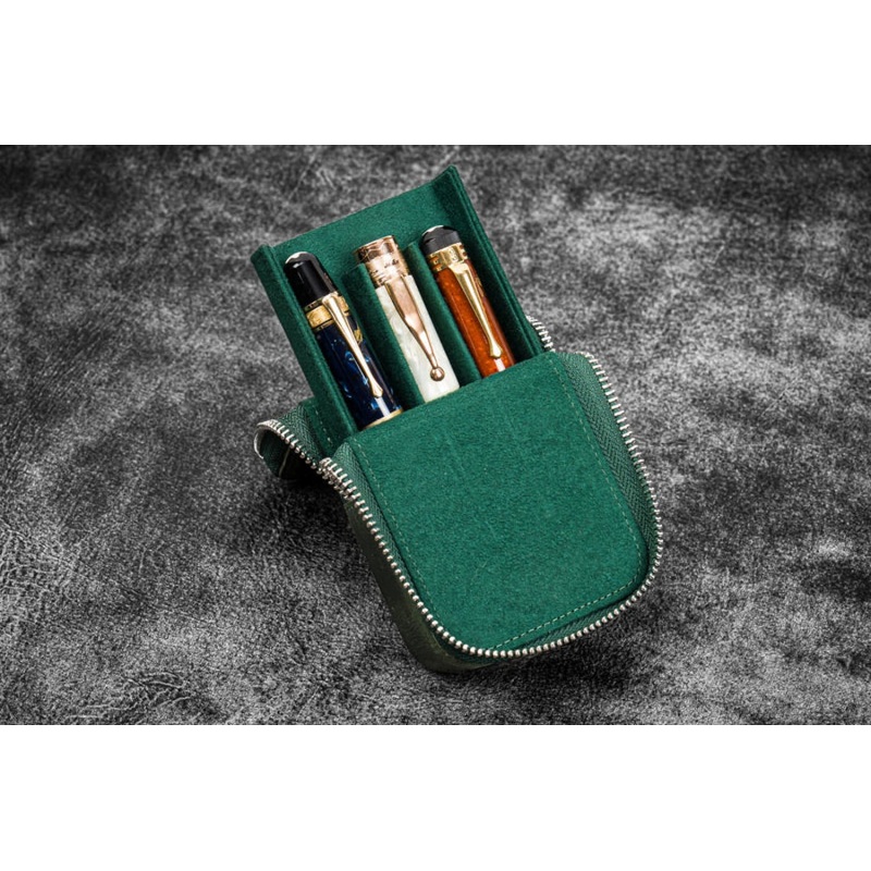Galen Leather Zippered Magnum Opus Hard 3 Slots Pen Case in Crazy Horse Forest Green