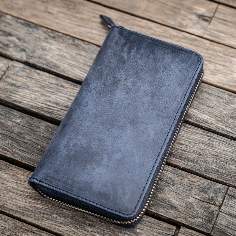 Galen Leather 3 Slot Zippered Pen Case – Crazy Horse Navy Blue