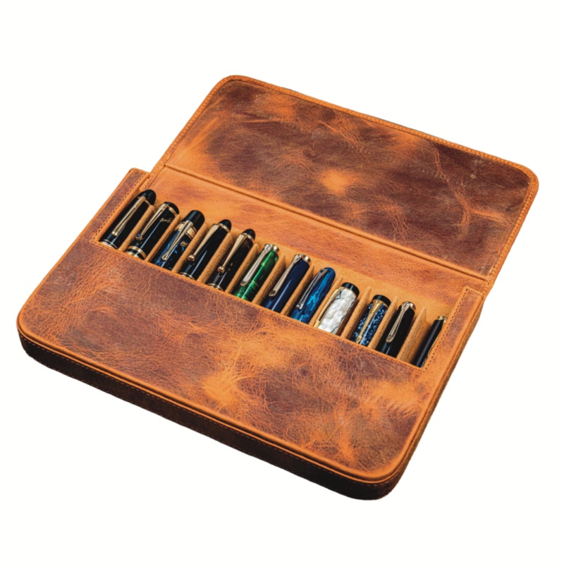 Galen Leather 12 Slot Magnum Opus Pen Case – Crazy Horse Brown (with Removable Pen Tray)