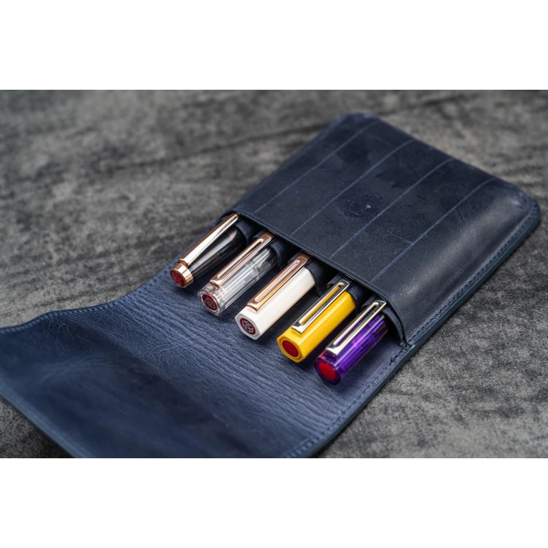 Galen Leather FIve Slot Flap Pen Case in Crazy Horse Navy Blue