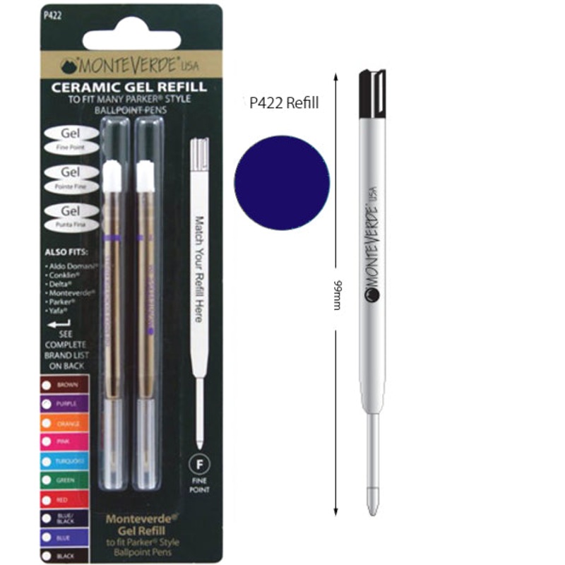 Monteverde P422 Parker Blue Black Fine Ceramic Gel Ballpoint Refill, Pk2