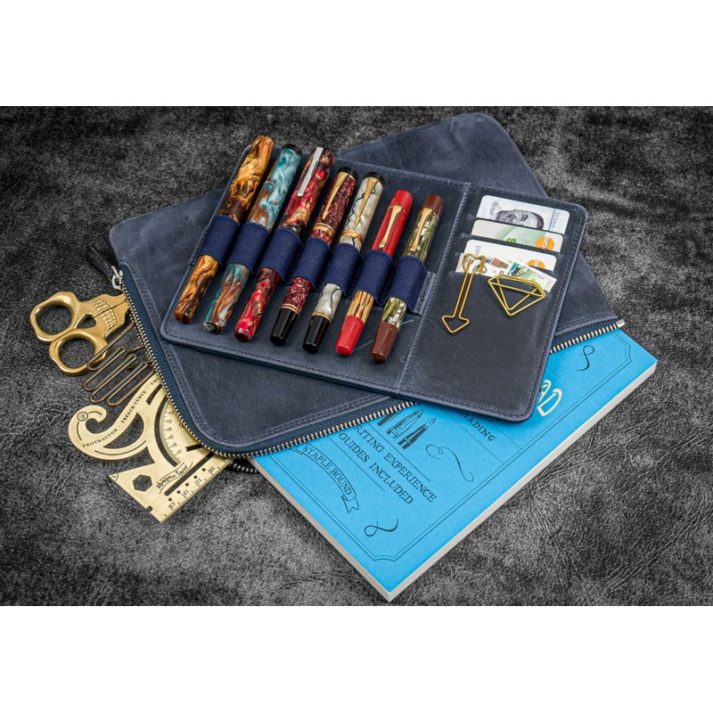 Galen Leather Zippered Writer’s Bank Bag in Crazy Horse Navy Blue