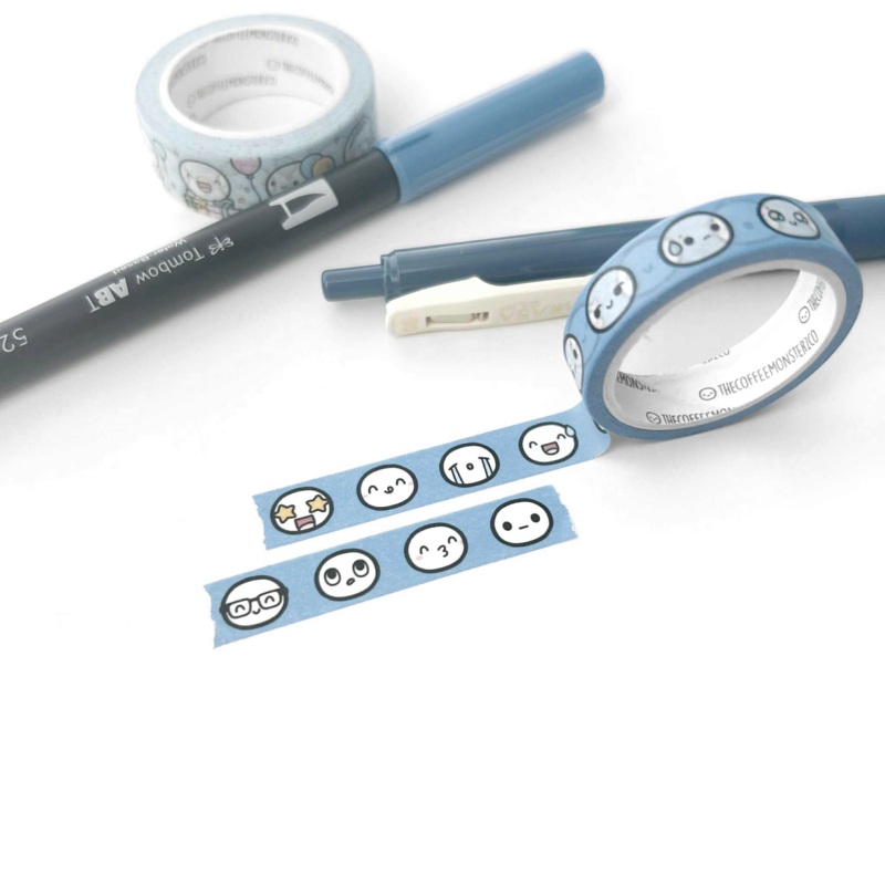 TheCoffeeMonsterzCO Cerulean Blue Emoti Heads Sample Washi Tape – 10mm