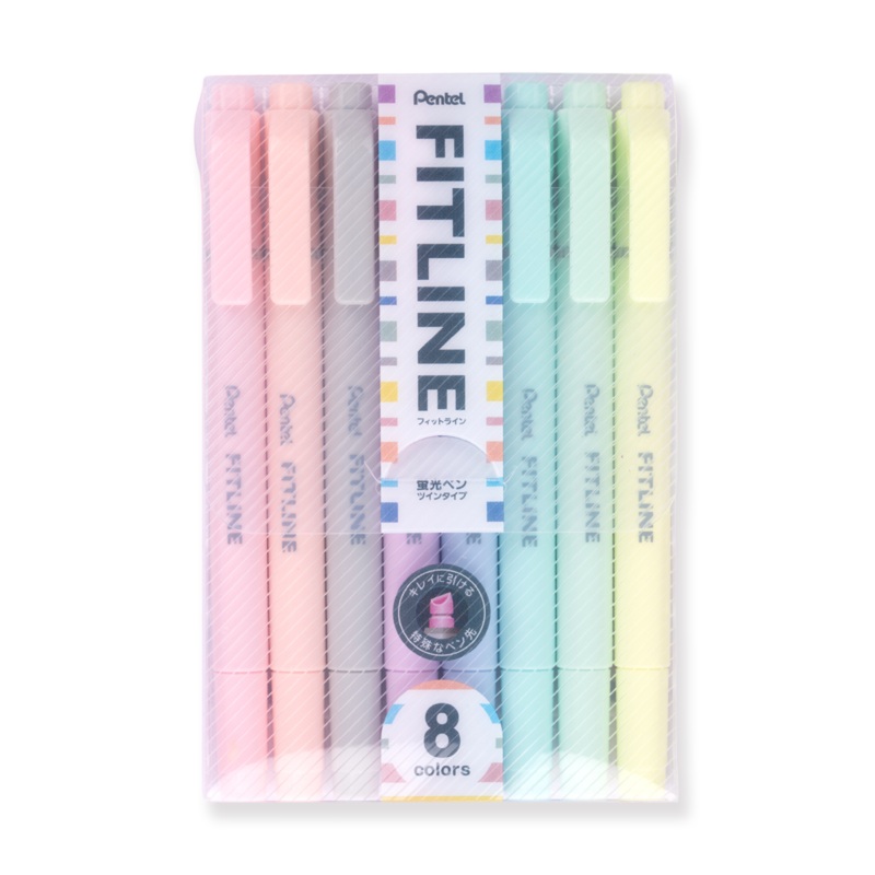 Pentel Fitline Double-Sided Highlighter – Chisel/Fine Tip – 8 Pastel Colors Set