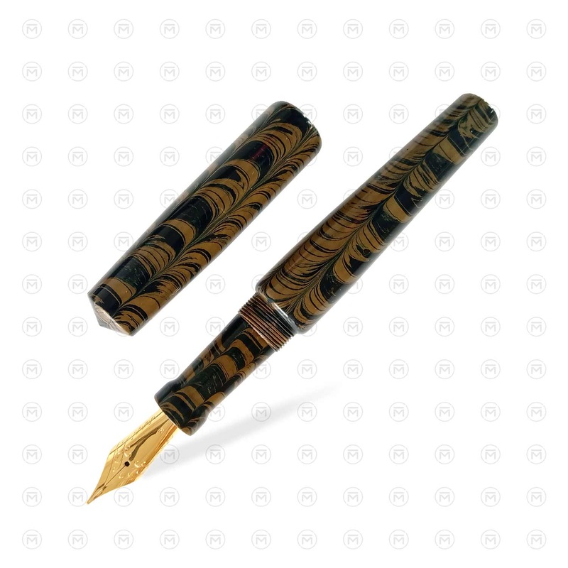 Ranga Abhimanyu Regular Ebonite Fountain Pen, Khaki-Bluish Black Ripple – Steel Nib Extra Fine