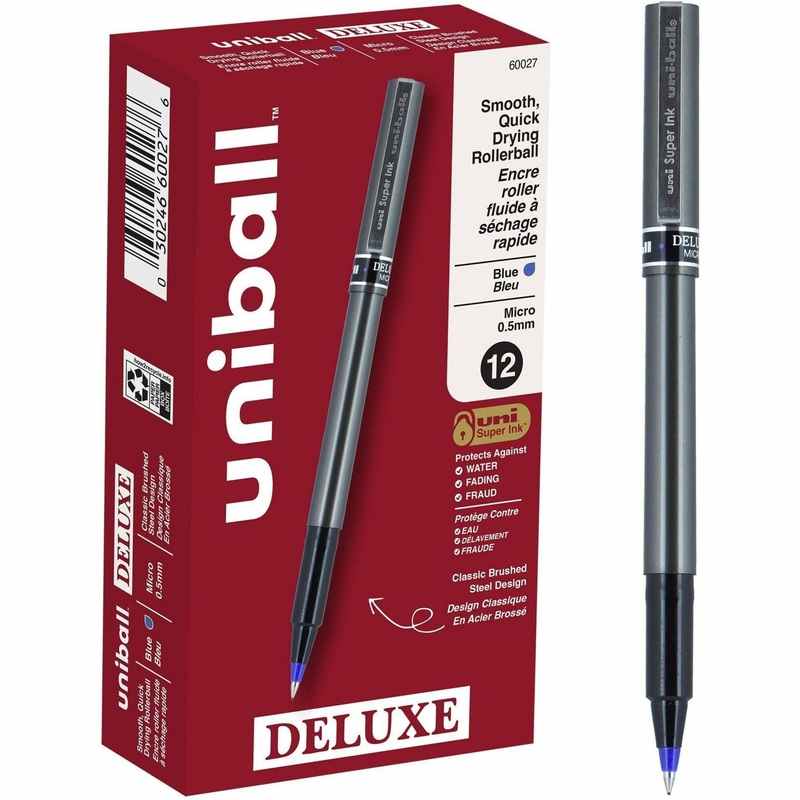 uniball Deluxe Rollerball Pens – 0.5 mm Micro Pen Point – Blue Ink – Gray Barrel – 1 Each