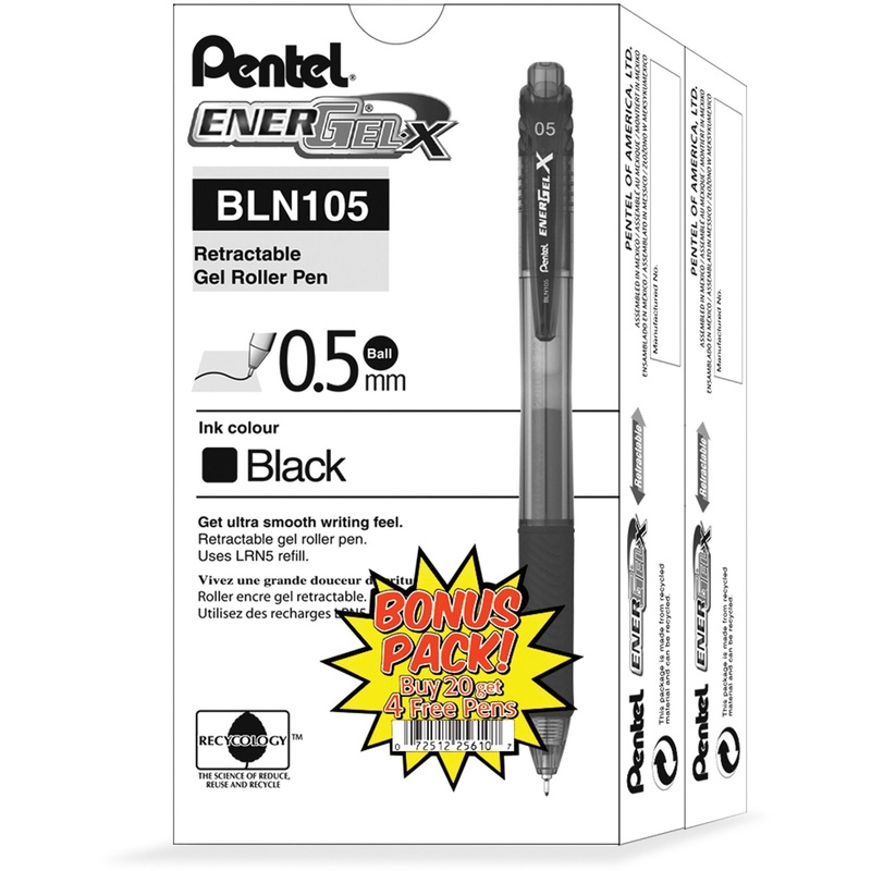 EnerGel EnerGel-X Retractable Gel Pens – 0.5 mm Fine Needle Pen Point – Refillable – Retractable – Black Ink – Gel-based – Black Barrel – 24 / Pack