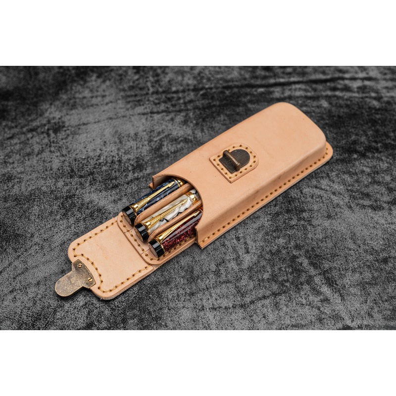 The Old School – Leather Molded Pen Case for 3 Pens –  Undyed Leather
